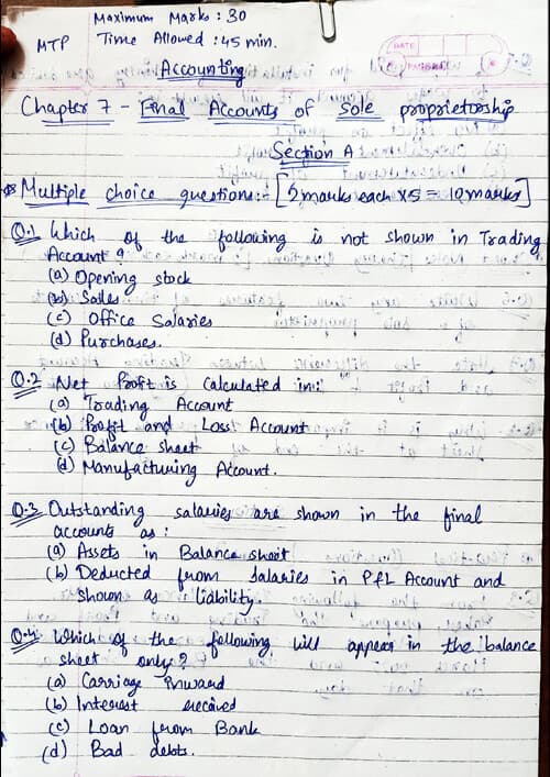 First page of Accounting chapter 7 handwriting 30 marks test