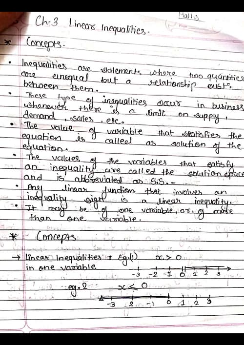 First page of Maths Hand written notes Linear inequalities notes by pranav popat