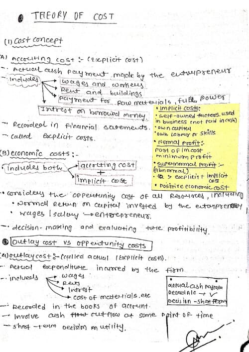 First page of Theory of cost hand written notes in detailed