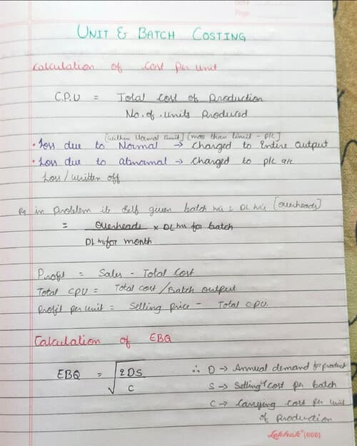 First page of Cost formulas chat book sep 25