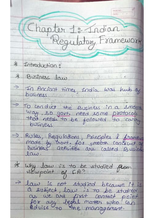 First page of Indian regulatory framework detail handwritten notes