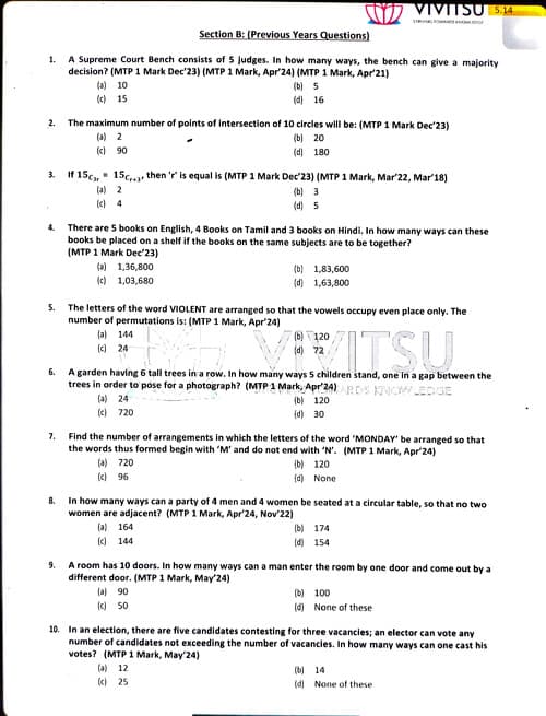 First page of Permutation nd combination PYQ MTP nd RTP (Vivtsu)