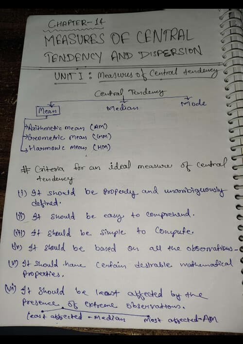 First page of Best Handwritten Notes for statistics Chapter -14 Measures of central tendency and dispersion