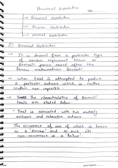 First page of Quantitative Aptitude theoretical distribution detailed handwritten notes with example