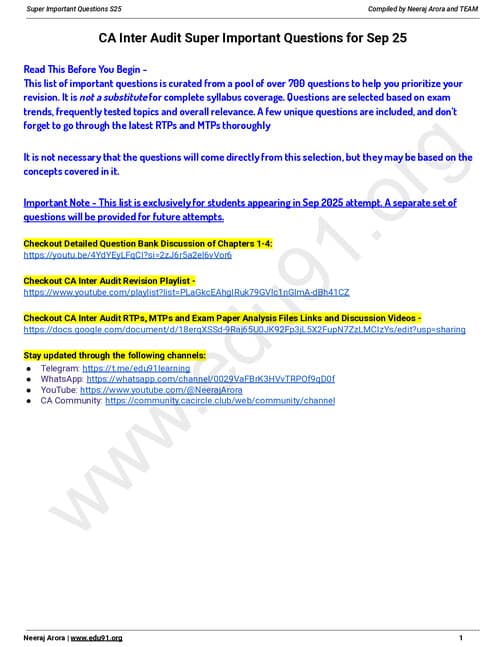 First page of Audit super important questions sep 25 according Neeraj arora sir sep25 ca inter