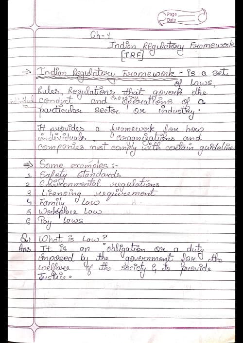 First page of INDIAN REGULATORY FRAMEWORK HANDWRITTEN NOTES