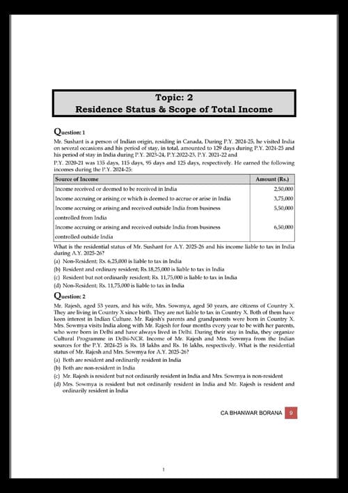 First page of Income tax Topic - Residential status & scope of total income MCQ and case scenarios