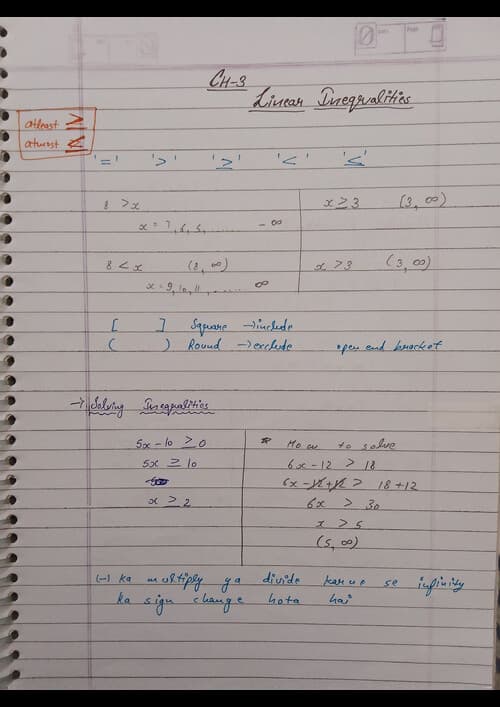 First page of Handwritten notes of ch 3 linear inequalities Maths