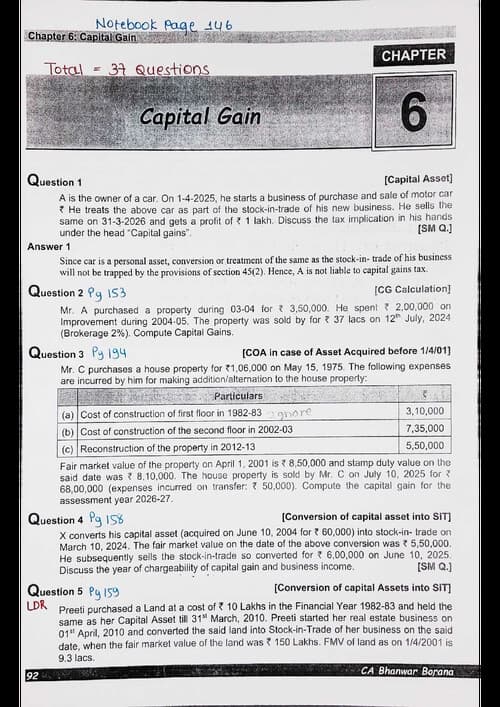 First page of Capital Gains Questions Book (By BB Sir) for May 26.