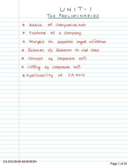 First page of Preliminaries handwritten law notes for ca inter