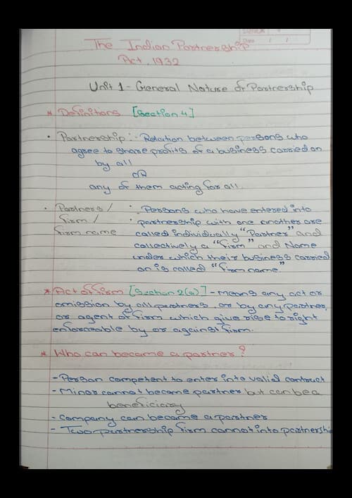 First page of Indian partnership Act 1932 Unit 1 & 2 Handwritten notes