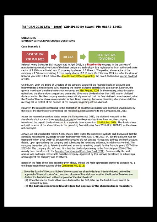First page of Law inter RTP Jan 2026 - Compiled by Swami sir ( Every topic on which the question is based is mentioned alongside the question for easy revision)