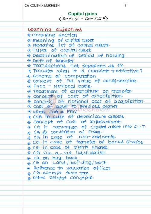 First page of Capital gains notes for ca inter -CA KOUSHIK MUKHESH