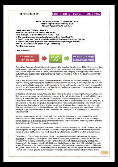 First page of Law inter MTP Dec 2025 - Compiled by Swami sir (Every topic on which the question is based is mentioned alongside the question for easy revision)