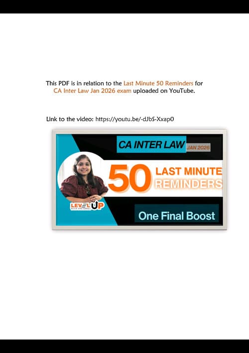 First page of This PDF is in relation to the Last Minute 50 Reminders for CA Inter Law Jan 2026 exam. Last 1h