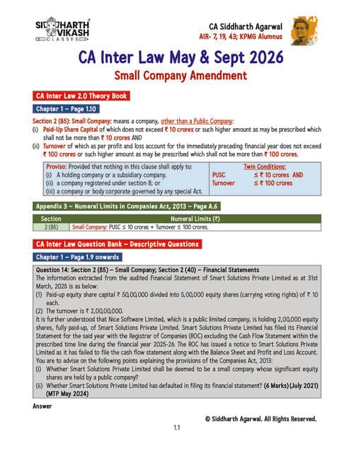 First page of CA INTER LAW SMALL COMPANY AMENDMENT APPLICABLE FOR MAY26 ONWARDS BY- SIDDHARTH AGARWAL SIR