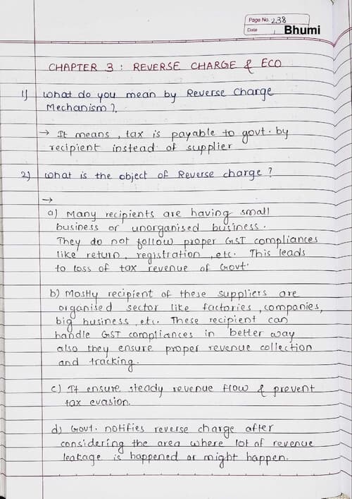 First page of GST Chapter 3 Reverse charge and ECO handwritten notes ( CA Vishal Bhattad) for May 26 and onwards.