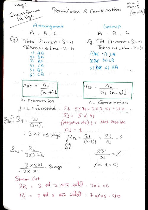 First page of PERMUTATIONS AND COMBINATION handwritten notes