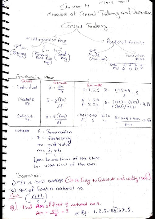 First page of Measures of central tendency handwritten notes