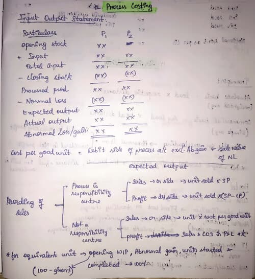 First page of Process costing handwritten notes