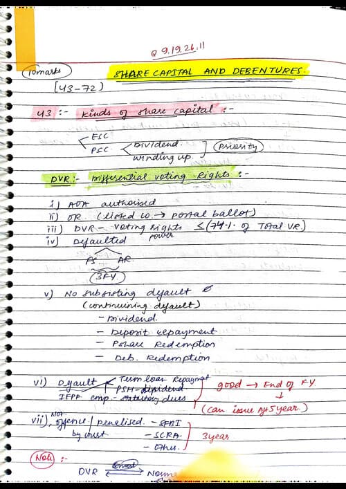 First page of Handwritten notes detailed SHARE CAPITAL AND DEBENTURES!