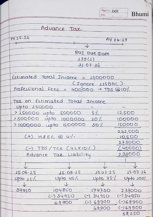 First page of Advance Tax, TDS and TCS DT Handwritten notes by BB Sir for May 26 and onwards.