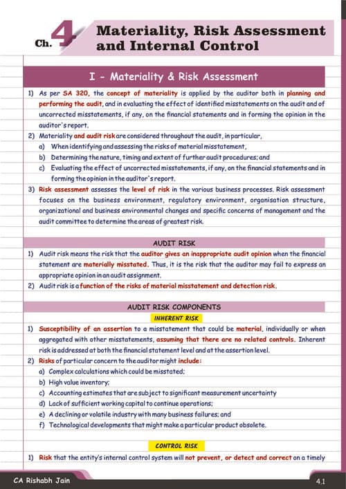 First page of # Exclusive #Auditing & Ethics #CA Rishabh Jain Sir's Chapter 4 :- Materiality, Risk Assessment & Internal Control (Mastero Book)