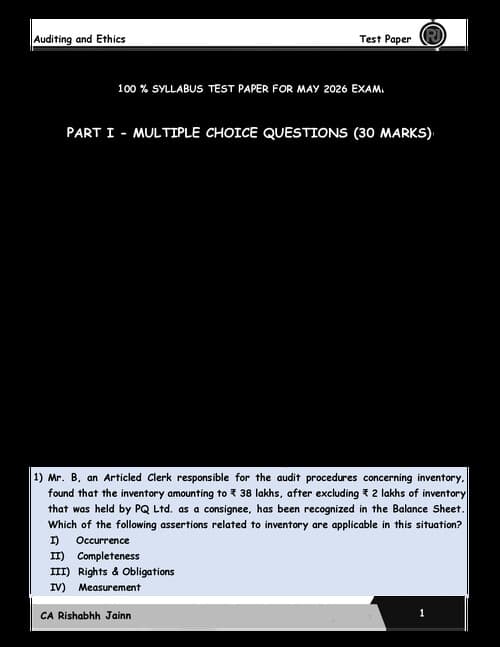 First page of #Exclusive #CA Rishabh Jain Sir's #Auditing & Ethics #100Marks Test Paper (Question Paper with Answer sheet)
