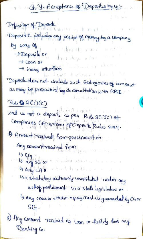 First page of Ca inter law Ch-5.Acceptance of Deposits Detailed Handwritten notes Full concept covered