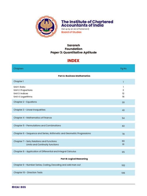 First page of Official ICAI made revision notes pdf of Quantitative aptitude with important questions