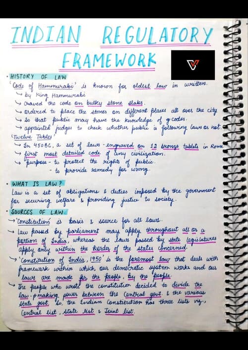 First page of Indian Regulatory Framework handwritten notes
