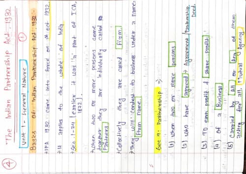 First page of INDIAN PARTNERSHIP ACT 1932 UNIT 1 HANDWRITTRN NOTES