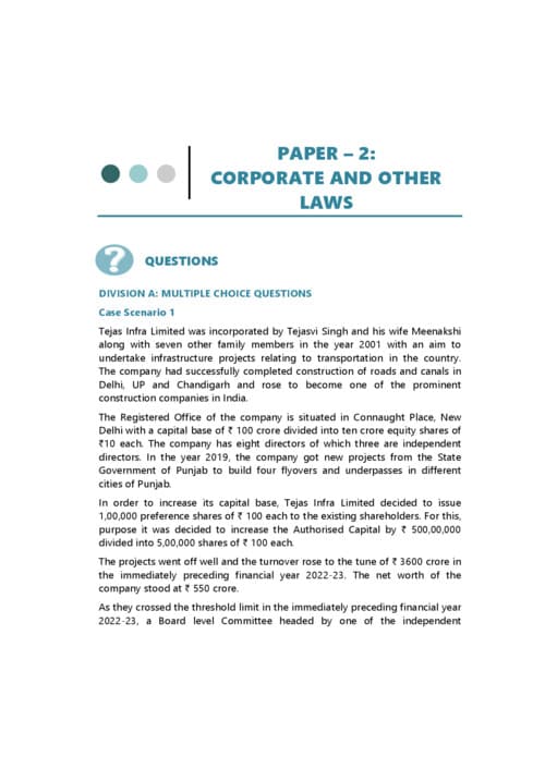 First page of CA INTERMEDIATE SUBJECT:- CORPORATE AND OTHER LAWS RTP FROM MAY 2024 TO MAY 2026