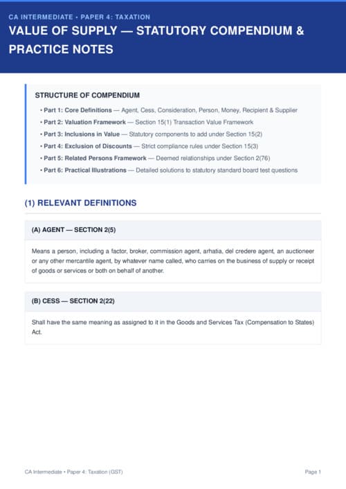 First page of CA INTERMEDIATE SUBJECT:- TAXATION CHAPTER:- VALUE OF SUPPLY PLEASE COMMENT FOR THIS FILE USEFUL OR NOT