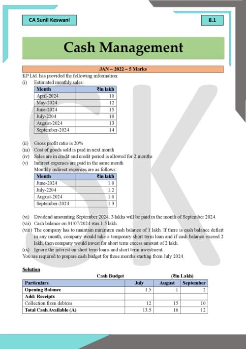 First page of FM cash managment complier for question practice