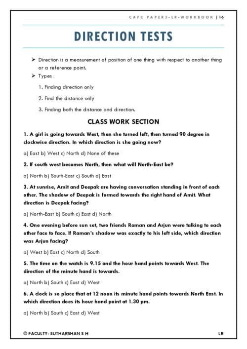 First page of Direction test questions for practice
