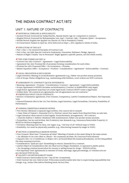 First page of INDIAN CONTRACT ACT,1872 UNIT -1,2,3