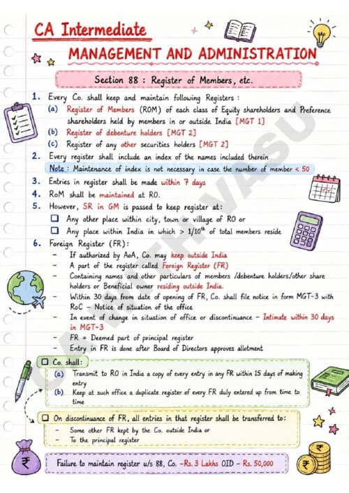 First page of CA inter law management and administration colourful notes for quick revision
