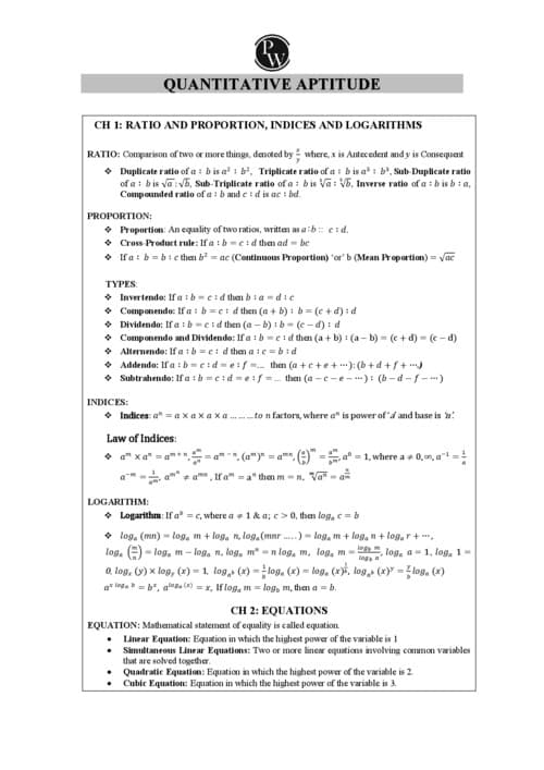 First page of Formula of PW Quantitative aptitude
