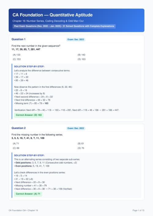 First page of Quantitative aptitude chapter 9 number series coding decoding odd man PYQ questions with answers