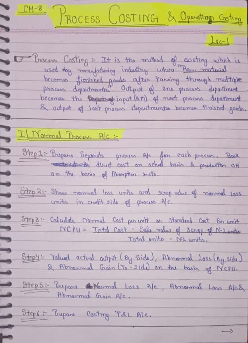 First page of Process costing handwritten notes