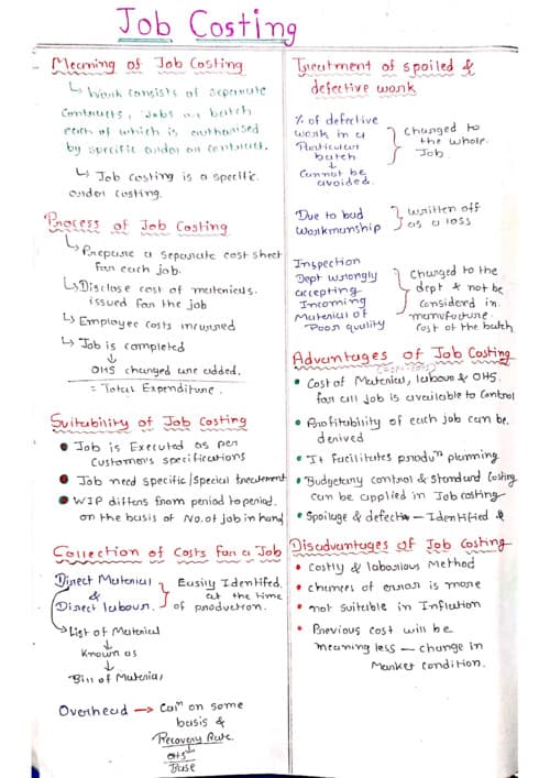 First page of CA INTER COSTING CH:-9 Job cost Handwritten notes easy for effective reading
