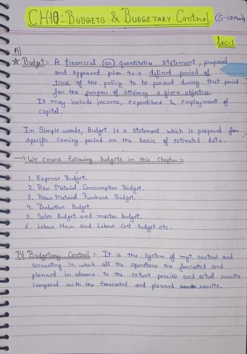 First page of Budget and budgetary control~ costing handwritten notes