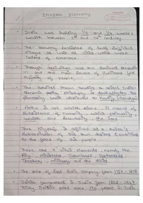 First page of Indian economy, handwritten notes