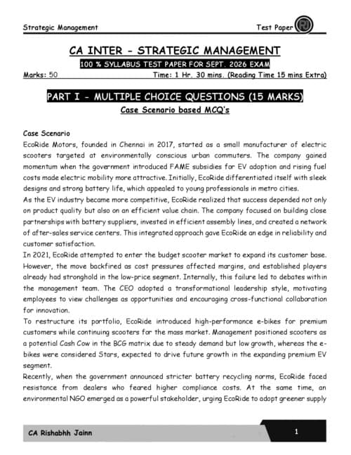 First page of #Exclusive #CA Rishabh Jain Sir's #Strategic Management #Sep2026 Exams #50Marks Test Paper Solution (Question Paper with Answer sheet)