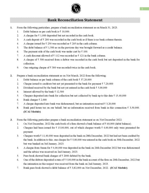 First page of Bank Reconciliation Statement practice questions