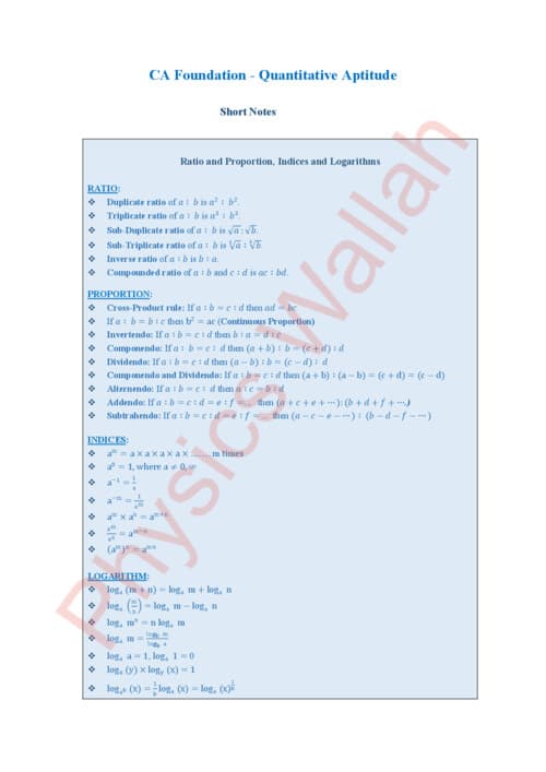 First page of Quantitative Aptitude Short note with all formulas, theory cover and calculator tricks by PW Anurag sir