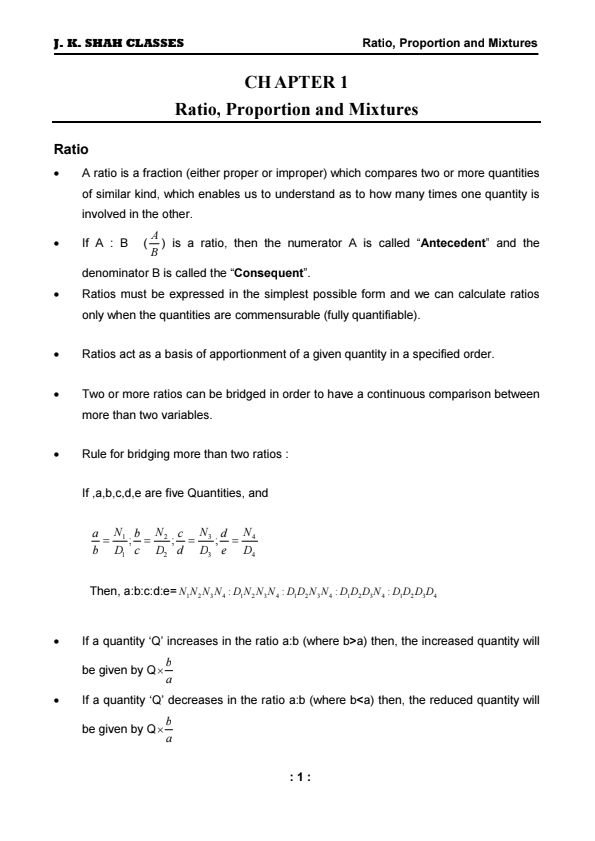 Ratio, Proportion and Mixtures 