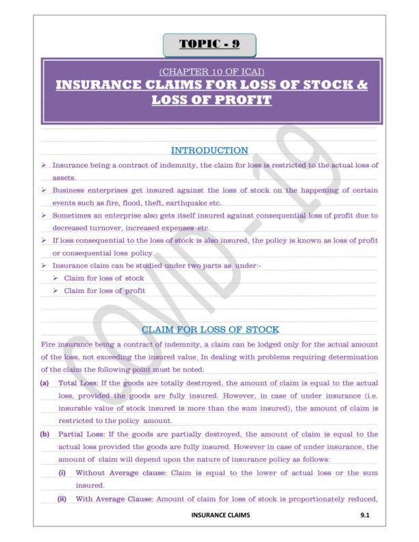 Insurance Claims for Loss of Stock and Loss of Profit Detailed Notes 