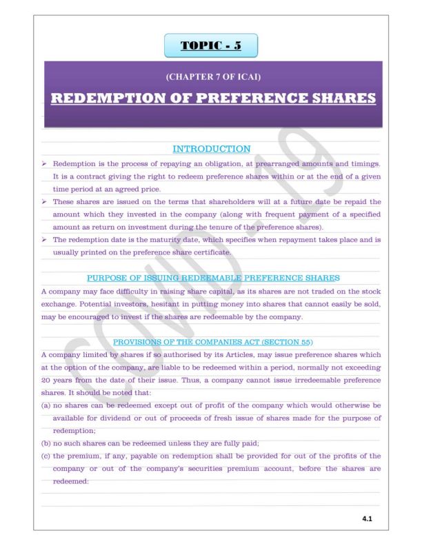 Redemption of Preference Shares Detailed Notes